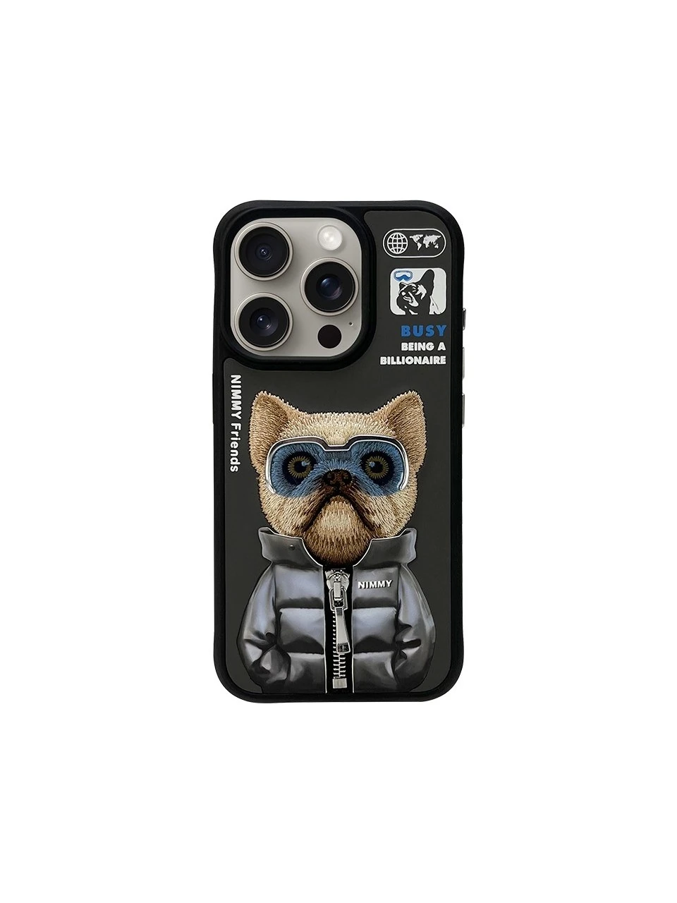 NIMMY İphone 15 Pro Max Uyumlu 3D Gözlük Fermuar Köpek Detaylı Nakış İşlemeli Kabartmalı Cool Cute Kılıf Nimmy
