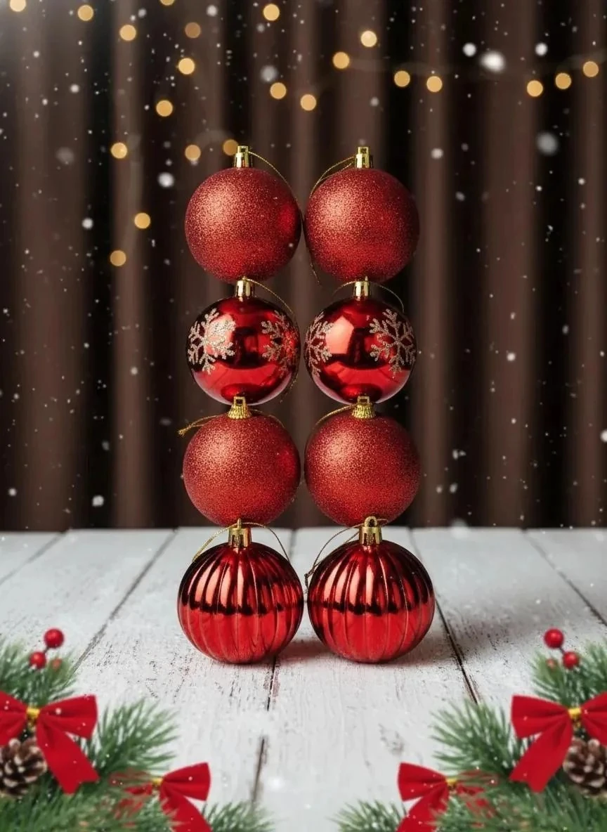 8'li Kırmızı Karışık Desenli Yılbaşı Ağacı Topları Seti (Simli, Mat ve Dokulu) 6cm