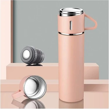 Üç Kapaklı Vacuum Flask Paslanmaz Çelik Termos Pembe 500 Ml