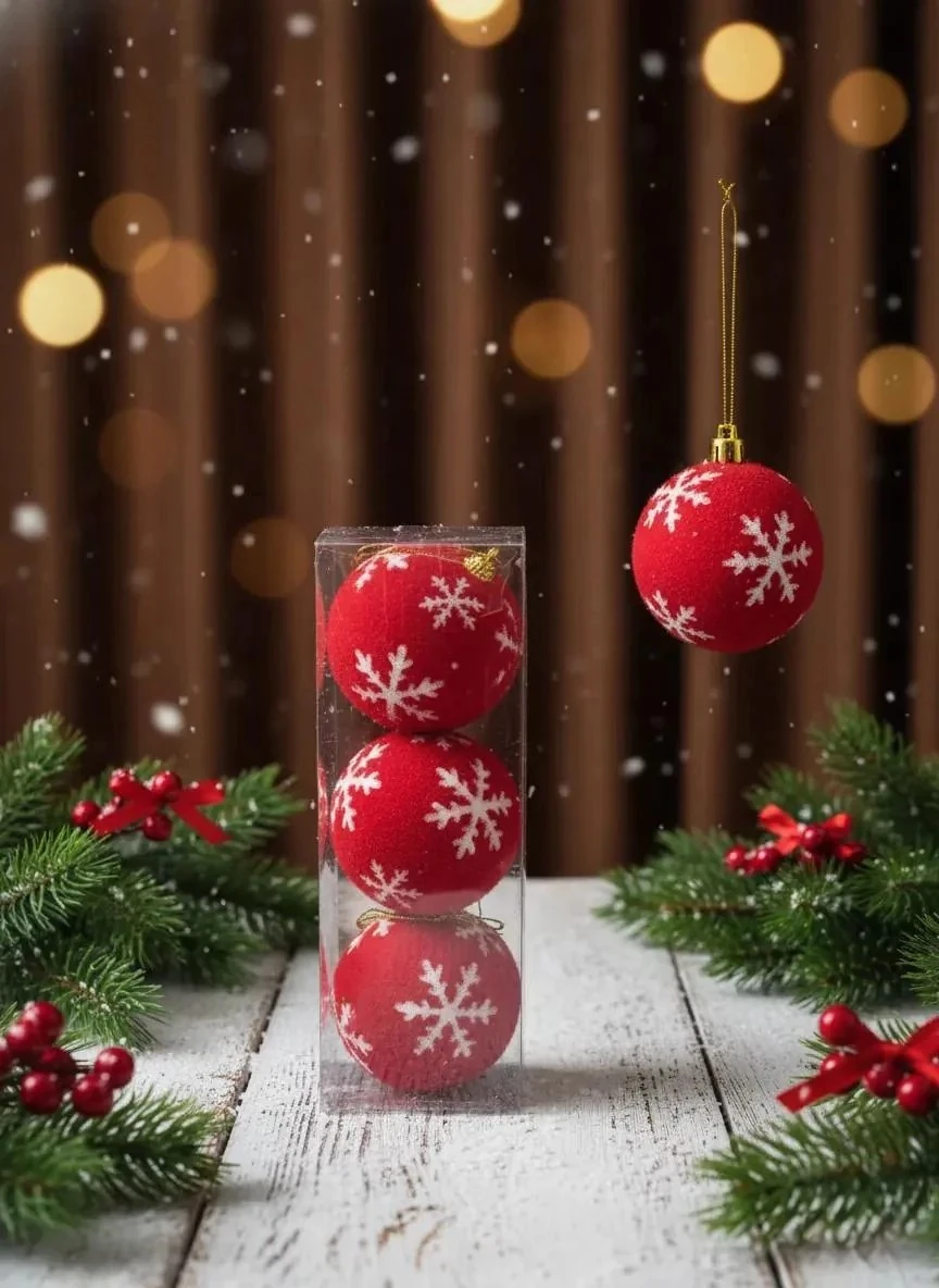 3'lü Kırmızı Kadife Görünümlü Kar Tanesi Desenli Yılbaşı Ağacı Topları Seti (8 cm)