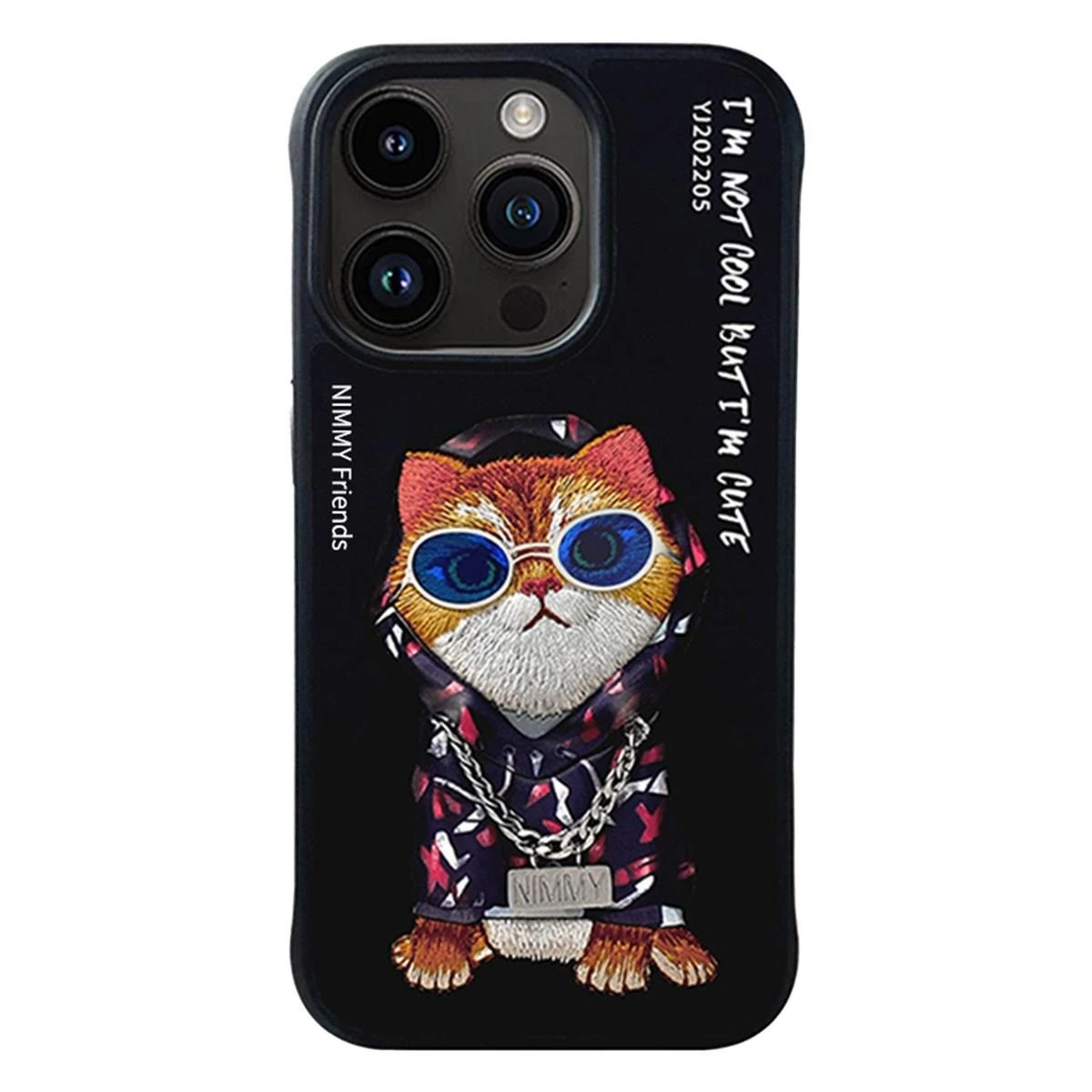 Nimmy iPhone 15 Pro Max Uyumlu 3D Gözlük Zincir Hipster Kedi Nakış İşlemeli Kabartmalı Cool Glasses Kılıf