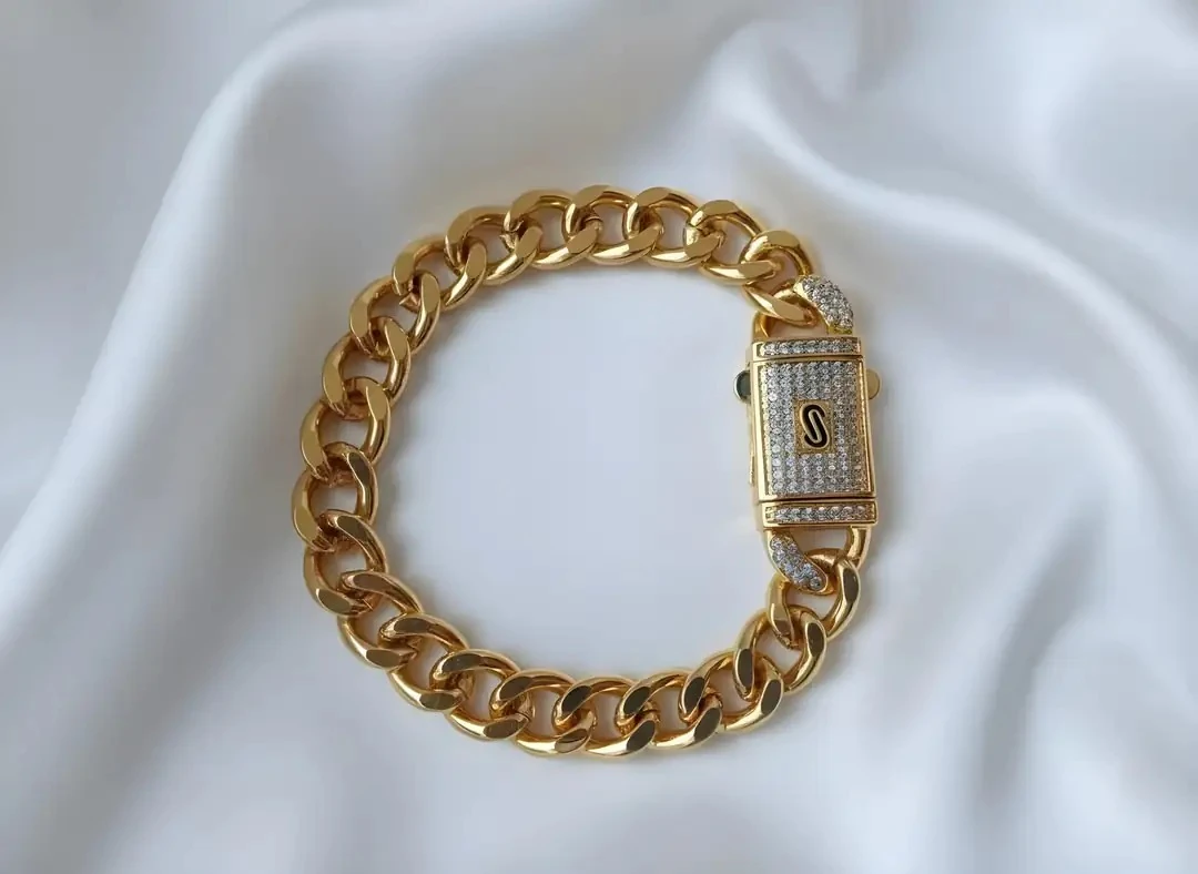 14K Taşlı Kilit Kapamalı Kalın Zincir Bileklik