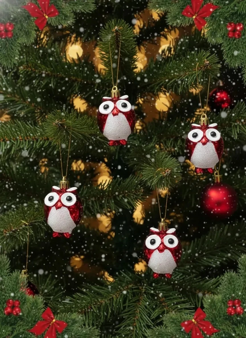 4'lü Nostaljik Kırmızı Baykuş Figürlü Yılbaşı Ağacı Süsü Seti