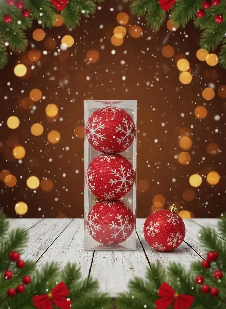 3'lü Kırmızı Mat Kadife Kar Tanesi Desenli Yılbaşı Ağacı Topları Seti (8 cm)