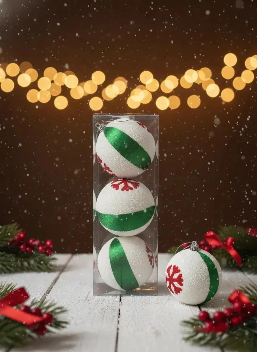 3'lü Beyaz-Yeşil Çizgili Kırmızı Kar Tanesi Desenli Dokulu Yılbaşı Süsü