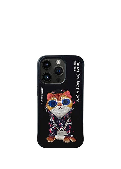 Nimmy iPhone 15 Pro Max Uyumlu 3D Gözlük Zincir Hipster Kedi Nakış İşlemeli Kabartmalı Cool Glasses Kılıf