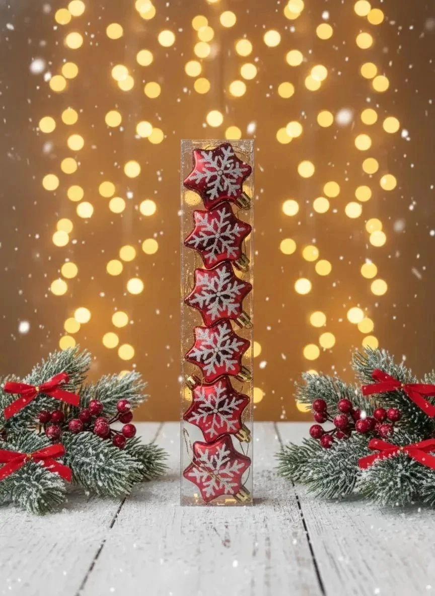 6'lı Kırmızı Altıgen (Heksagon) Kar Tanesi Desenli Yılbaşı Süsü Seti