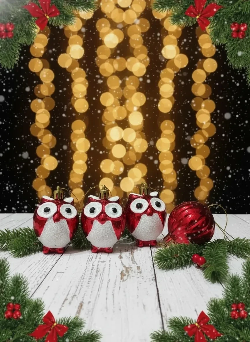 4'lü Nostaljik Kırmızı Baykuş Figürlü Yılbaşı Ağacı Süsü Seti