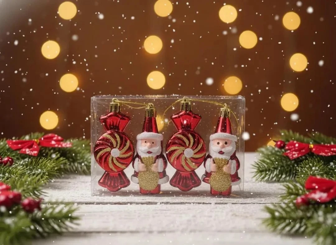 4'lü Noel Baba ve Şeker Temalı Kırmızı Yılbaşı Ağacı Süsü Seti