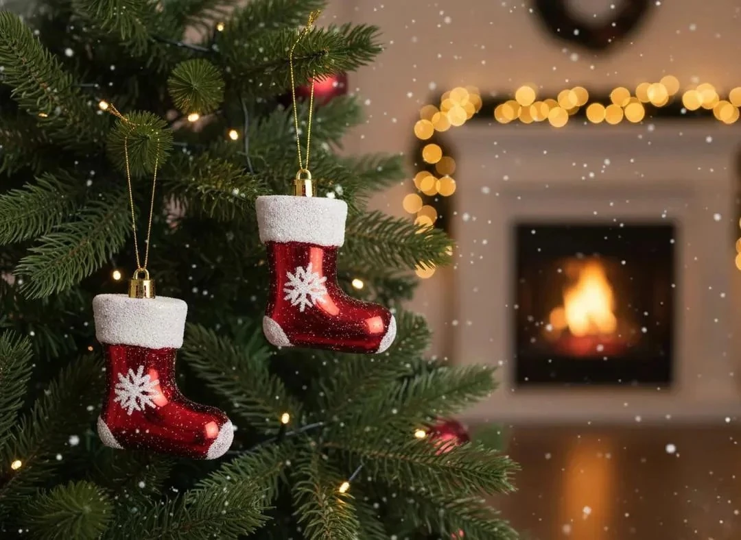 4'lü Kırmızı Kar Tanesi Desenli Yılbaşı Botları Süsü Seti