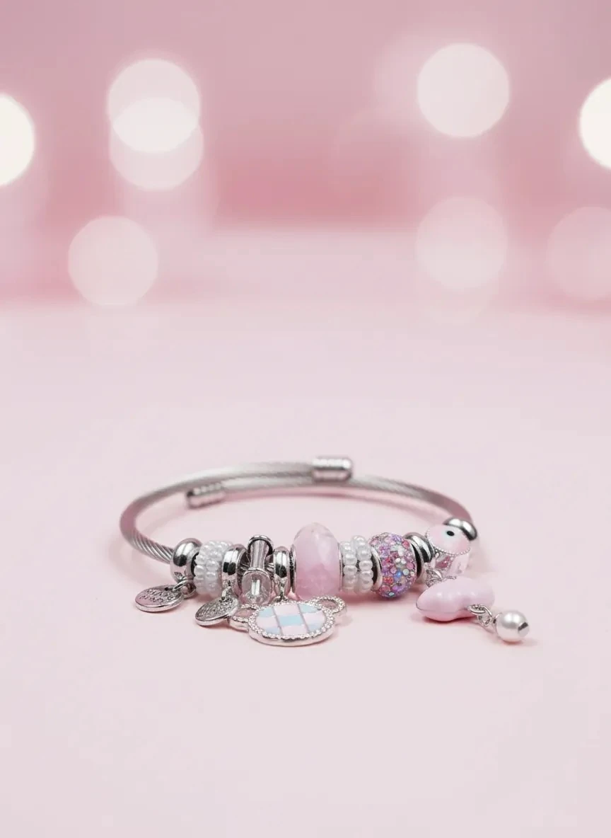 Sedefli Pembe Boncuklu Çelik Charm Bileklik