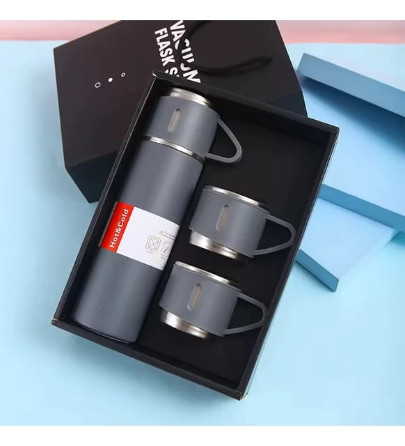 Üç Kapaklı Vacuum Flask Paslanmaz Çelik Termos Gri 500 Ml