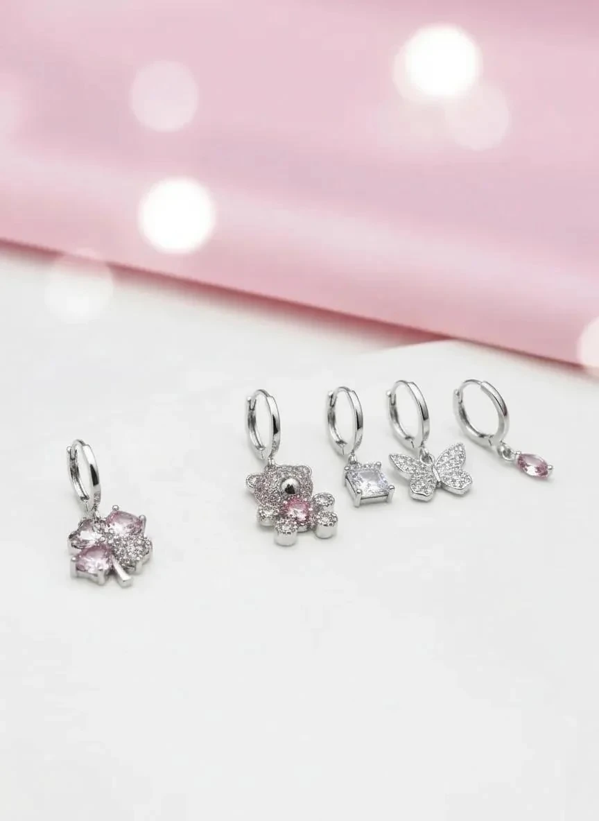 Zirkon Taşlı Yonca, Ayıcık, Kelebek Charm Halka Küpe Seti