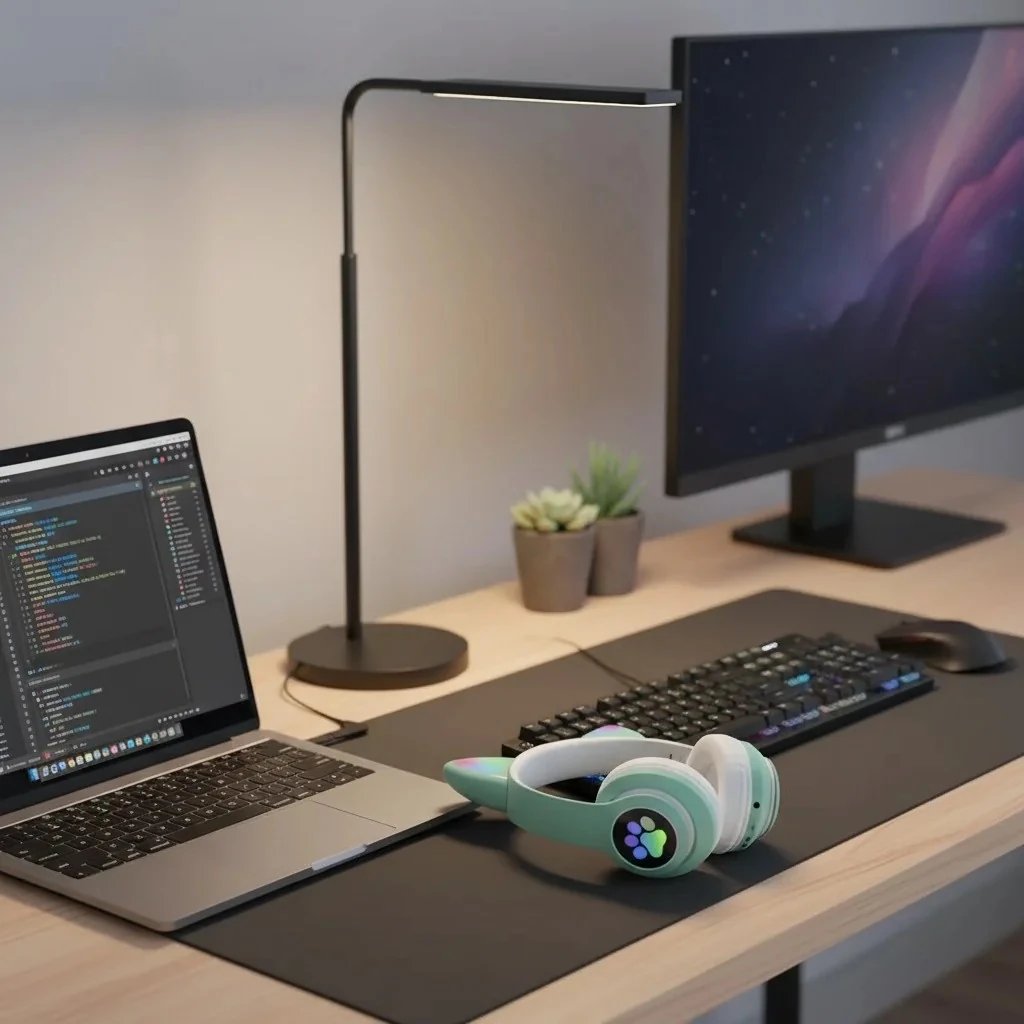 Kedi Kulaklık (TURKUAZ) Bluetooth LED Işıklı Hafıza Kartı Girişli Kulak Üstü