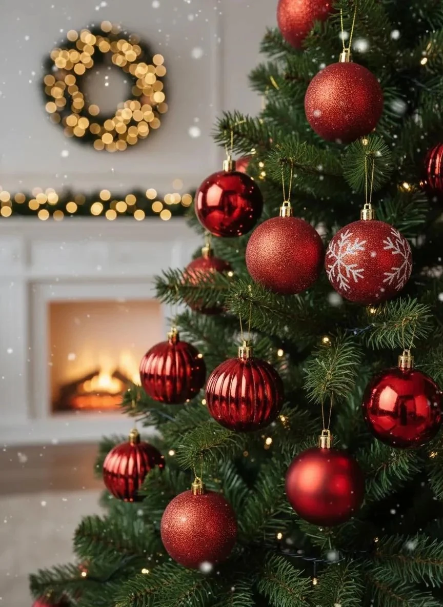 8'li Kırmızı Karışık Desenli Yılbaşı Ağacı Topları Seti (Simli, Mat ve Dokulu) 6cm