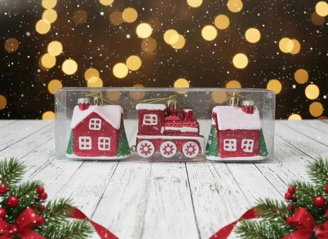 3 Parça Kırmızı Yeşil Yılbaşı Treni ve Ev Vagonları Ağaç Süsü Seti