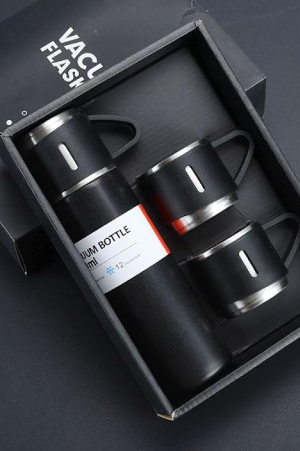 Üç Kapaklı Vacuum Flask Paslanmaz Çelik Termos Siyah 500 Ml