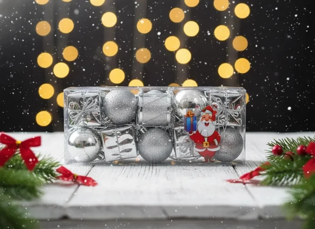 10'lu Lüks Gümüş Karışık Form Yılbaşı Süsü Seti (Top, Hediye Kutusu)