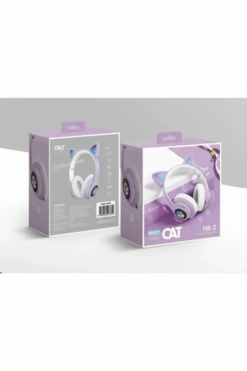 Kedi Kulaklık (MOR) Bluetooth LED Işıklı Hafıza Kartı Girişli Kulak Üstü 