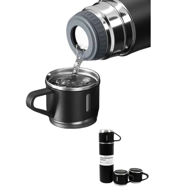 Üç Kapaklı Vacuum Flask Paslanmaz Çelik Termos Siyah 500 Ml