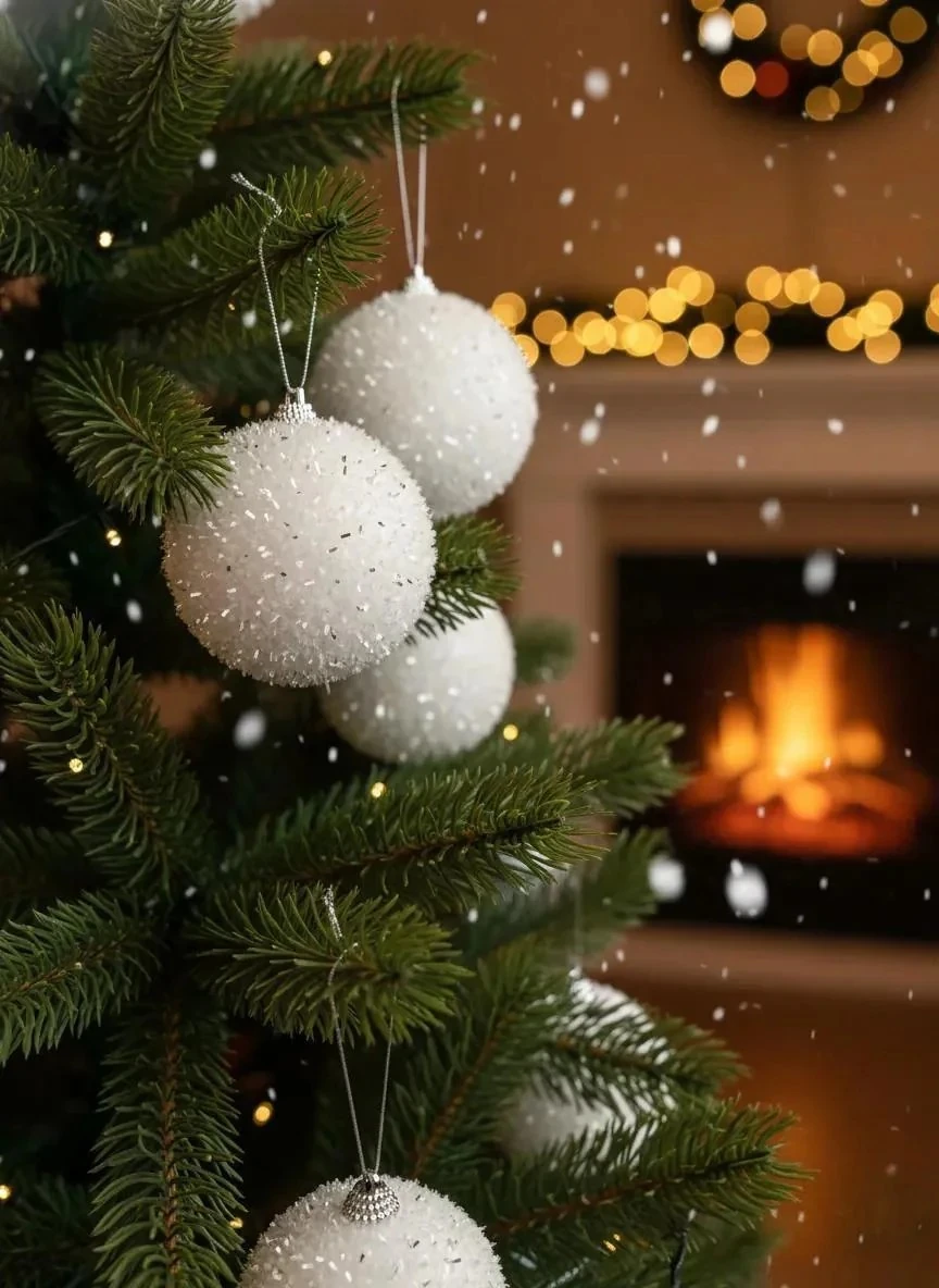 3'lü Lüks Beyaz Ponpon Dokulu Yılbaşı Ağacı Süsü Seti - Işıltılı