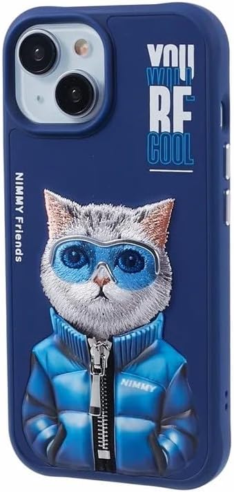 NIMMY iPhone 15 Uyumlu 3D Gözlük Fermuar Kedi Detaylı Nakış İşlemeli Kabartmalı Cool Cute Kılıf
