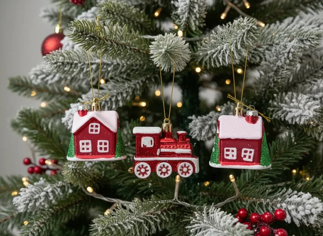 3 Parça Kırmızı Yeşil Yılbaşı Treni ve Ev Vagonları Ağaç Süsü Seti