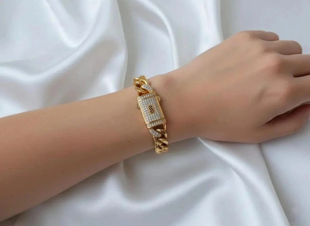 14K Taşlı Kilit Kapamalı Kalın Zincir Bileklik