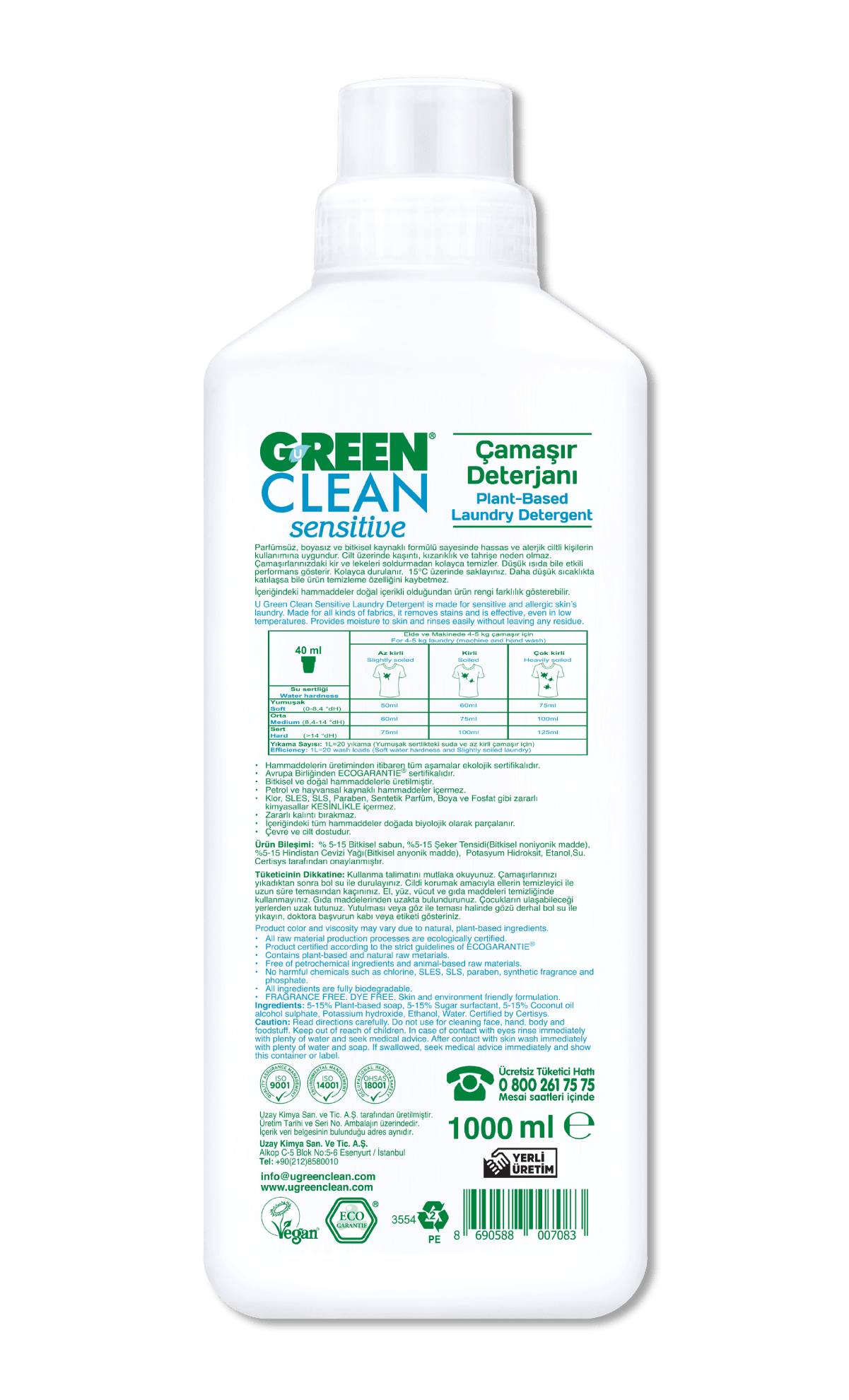 U Green Clean Organik Sensitive Çamaşır Deterjanı (Hassas Ciltlere, Kokusuz) 1000ml