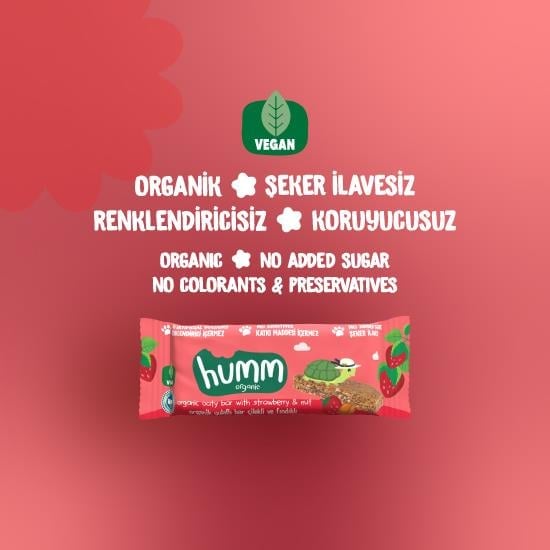 Humm Organik Vegan Çilekli ve Fındıklı Yulaf Bar - 27g