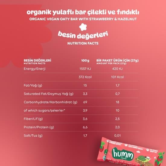 Humm Organik Vegan Çilekli ve Fındıklı Yulaf Bar - 27g