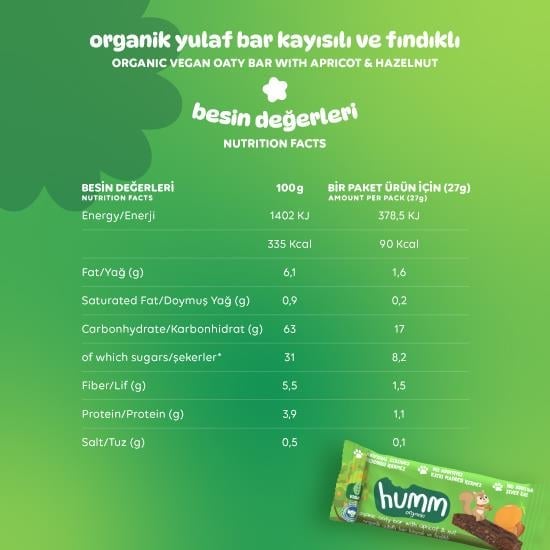 Humm Organik Kayısılı Fındıklı Yulaf Bar 27 gr - Biokent Bebek