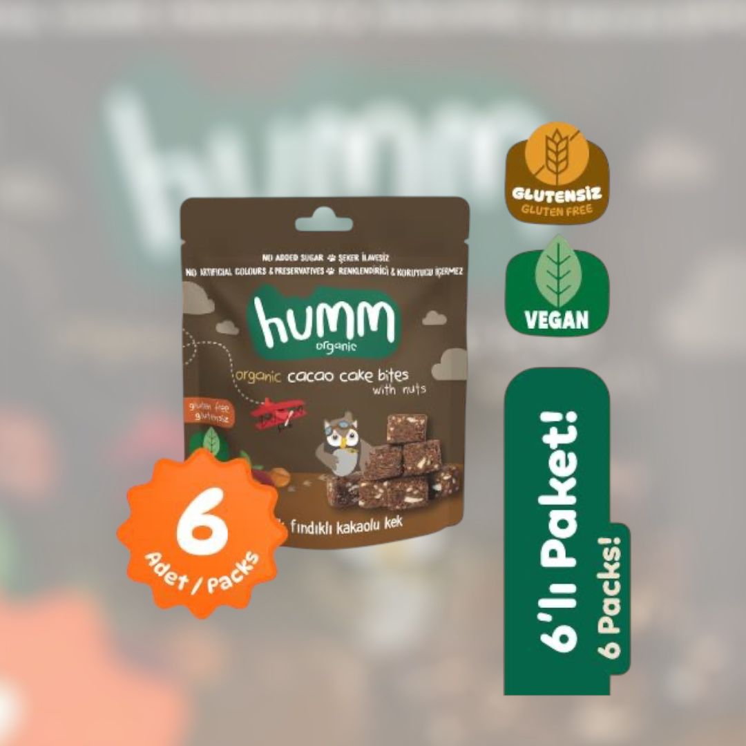 Humm Organik Glutensiz Vegan Kakaolu ve Fındıklı Kek Atıştırmalık Paketi - 6 adet
