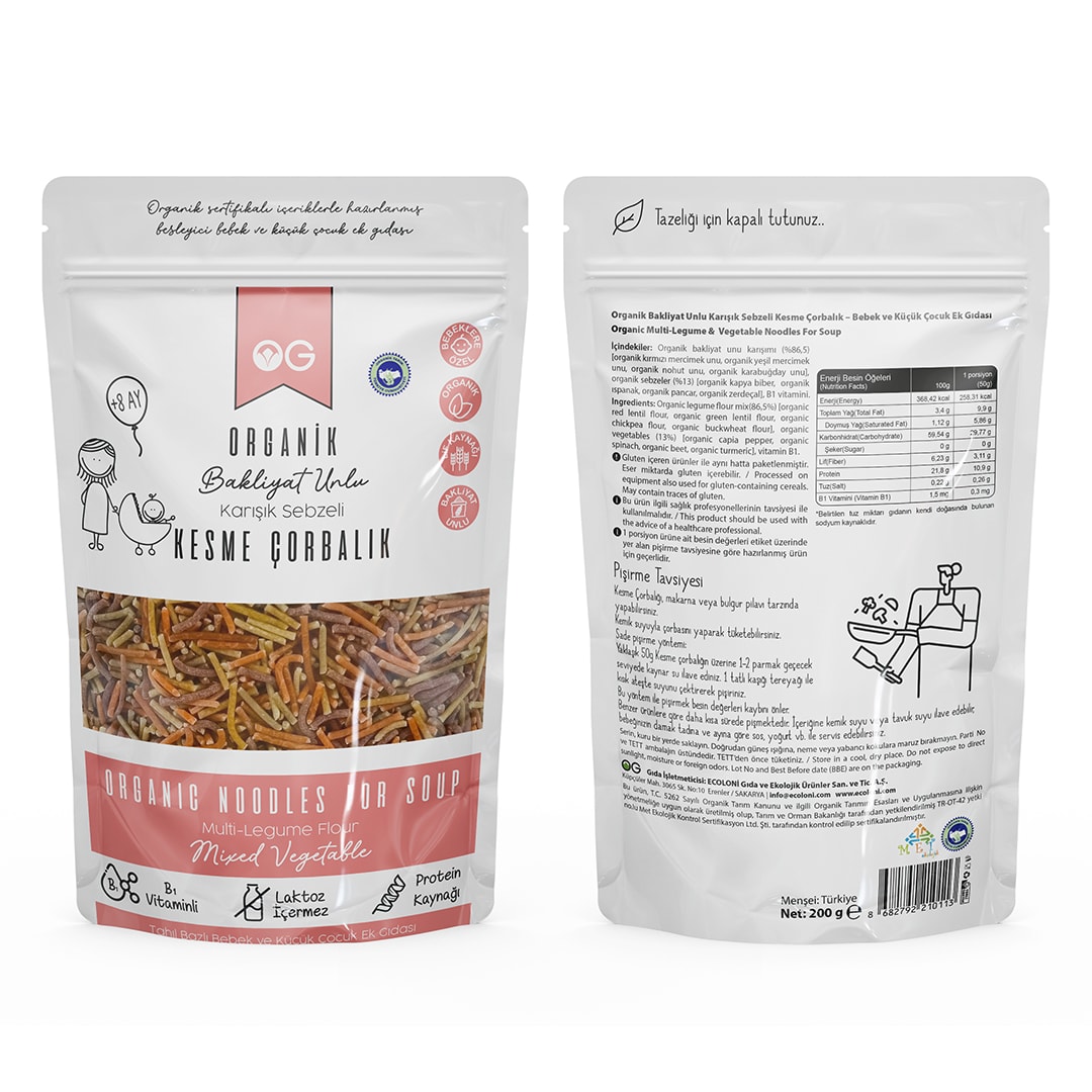 Karışık Sebzeli Bakliyat Unlu Kesme Organik Bebek Makarnası