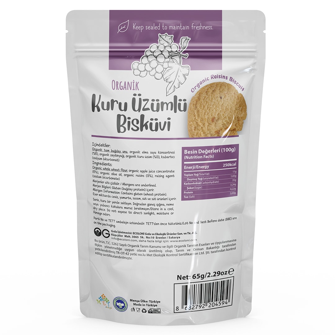Organik Üzümlü Bisküvi 65 Gr