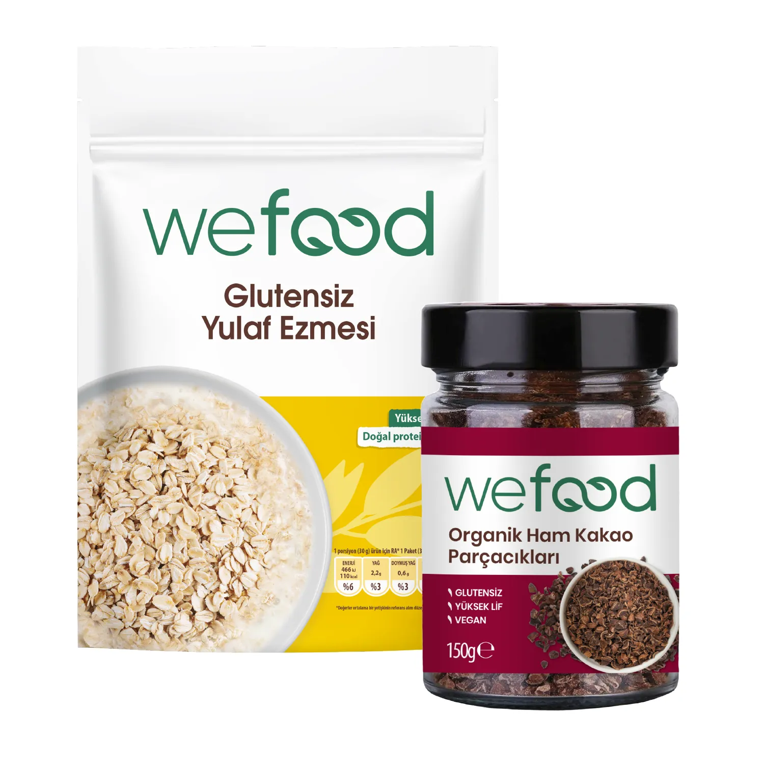 Wefood Glutensiz Yulaf Ezmesi 300 gr + Organik Ham Kakao Parçacıkları 150 gr