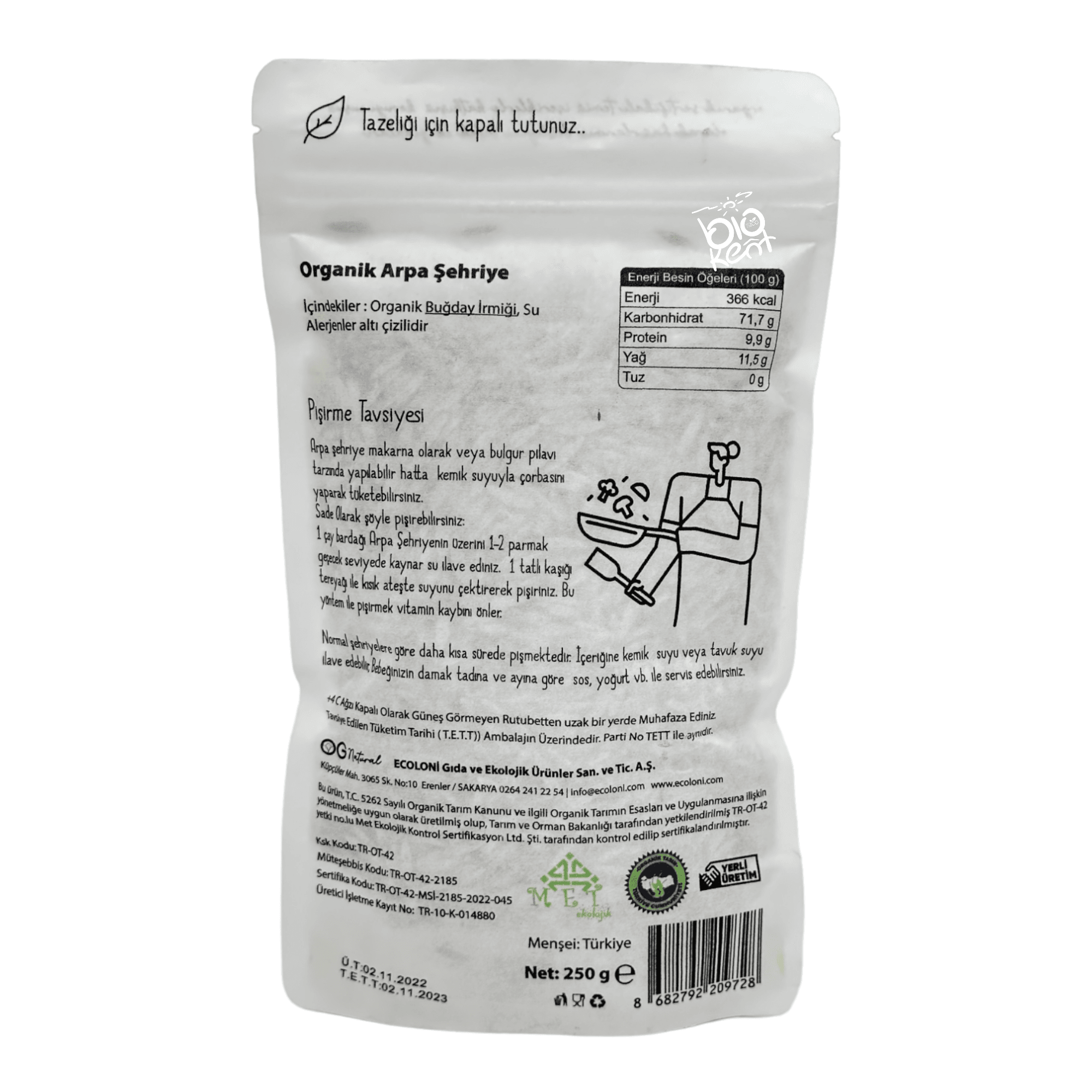 Og Natural Bebek Organik Sütsüz Yumurtasız Arpa Şehriye 250gr +7 Ay - Biokent Bebek