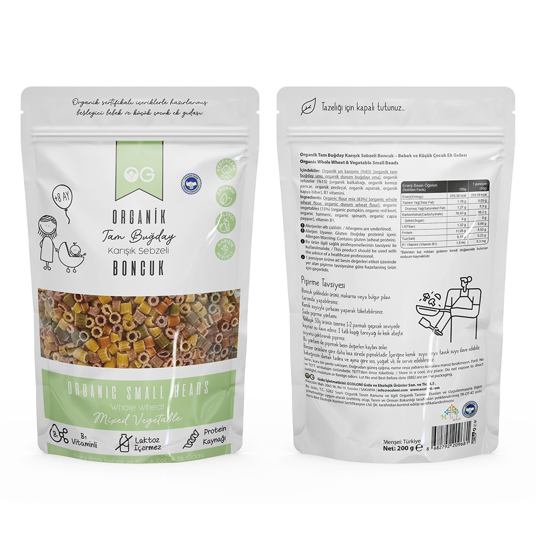 Organik Karışık Sebzeli Tam Buğday Boncuk Makarna 200 Gr +8 Ay