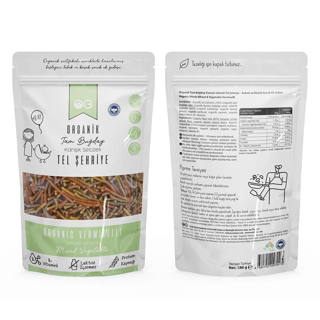 Organik Karışık Sebzeli Tam Buğday Tel Şehriye 180 Gr