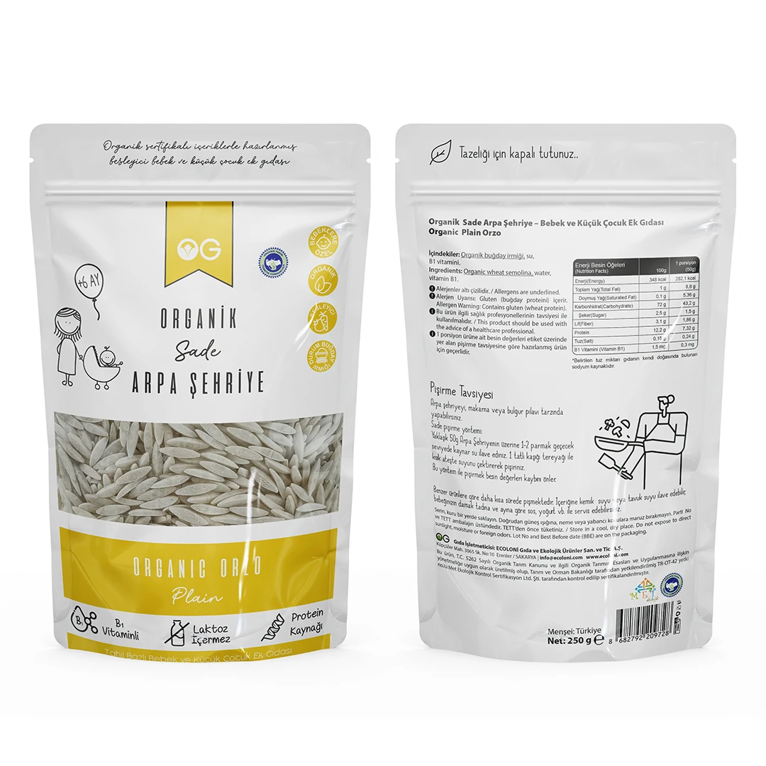Organik  Makarnası Sütsüz Yumurtasız Arpa Şehriye 250gr +7 Ay