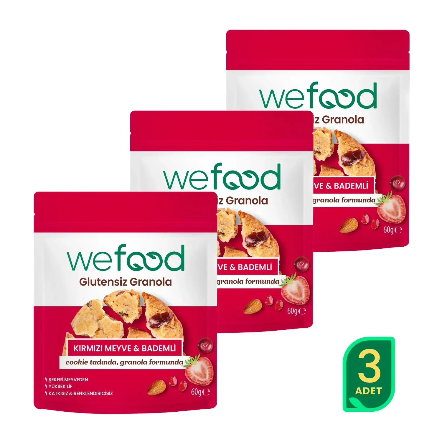 Wefood Glutensiz Granola Bites Kırmızı Meyve & Bademli 60 gr 3'lü