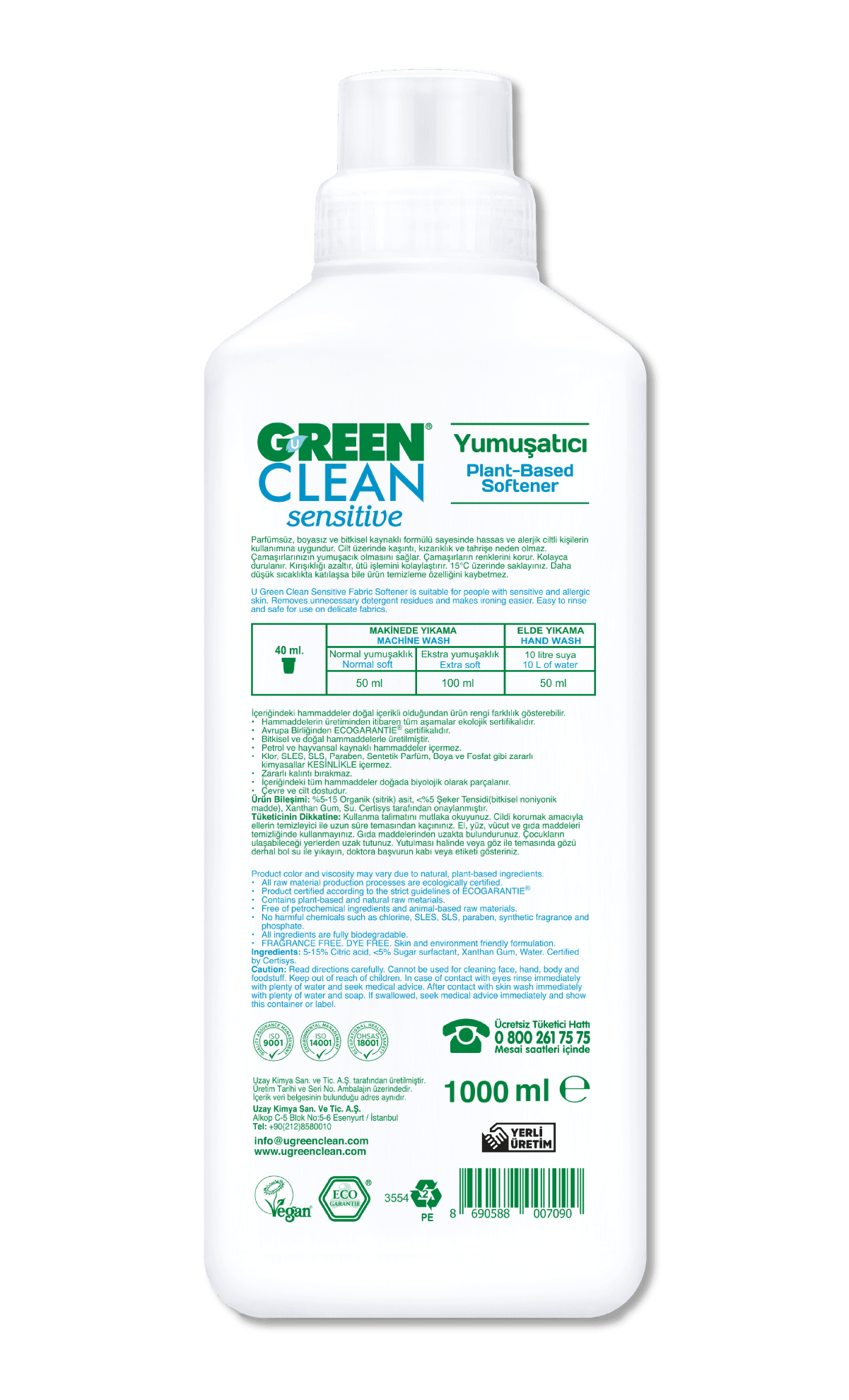  U Green Clean Organik Sensitive Yumuşatıcı (Hassas Ciltlere) 1000ml