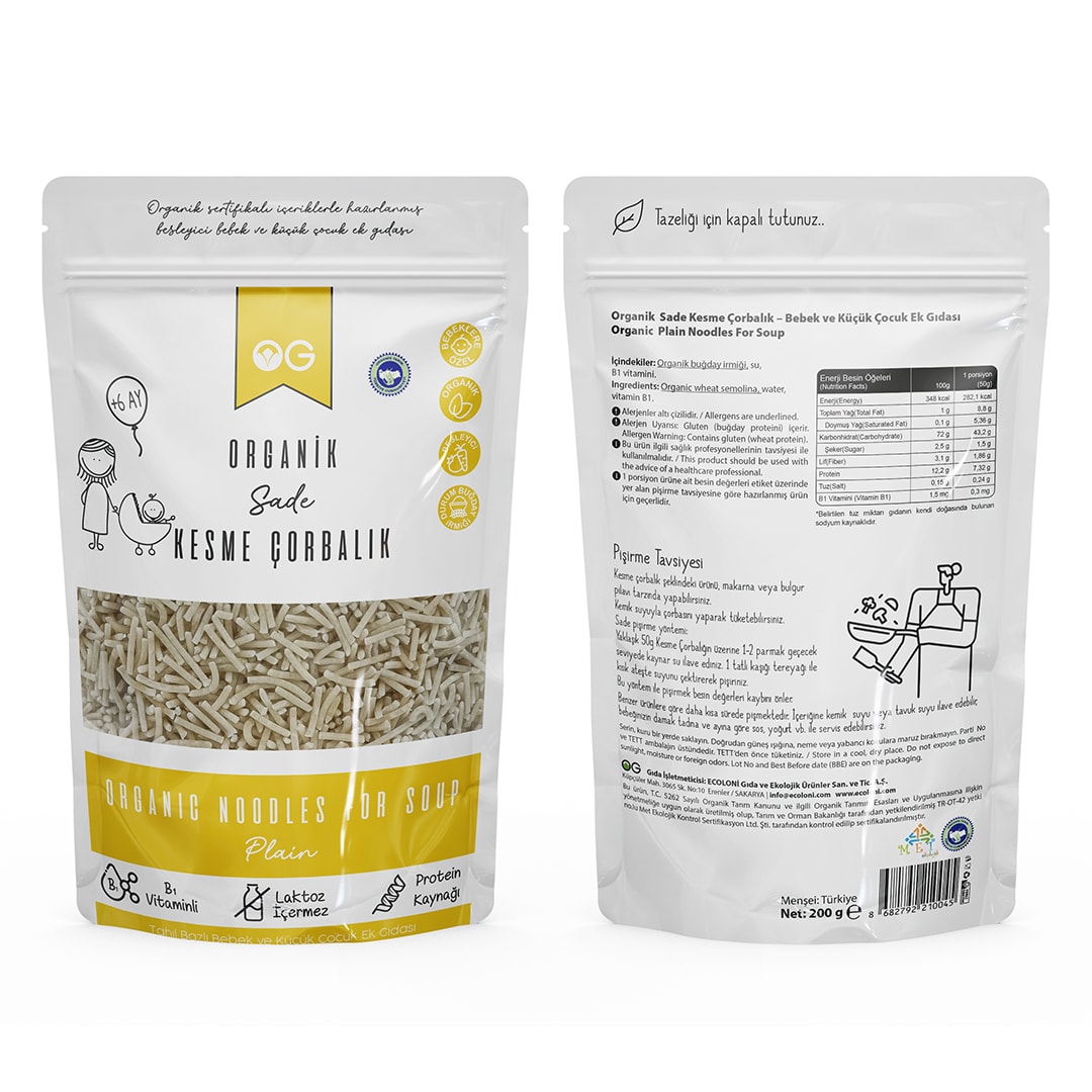Bebek Ek Gıdaya Uygun Organik Sade Kesme Çorbalık 200 GR +6Ay -Biokent Bebek