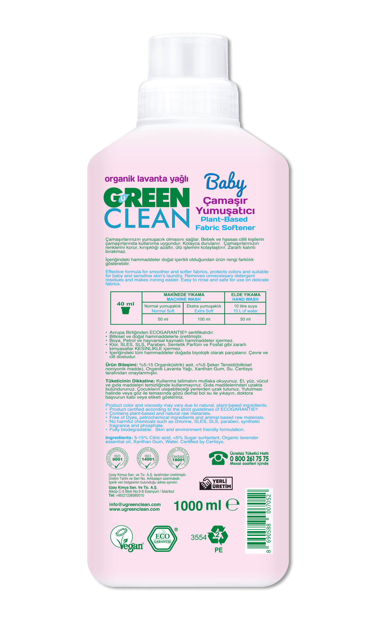 U Green Clean Baby Sıvı Çamaşır Yumuşatıcı 1L