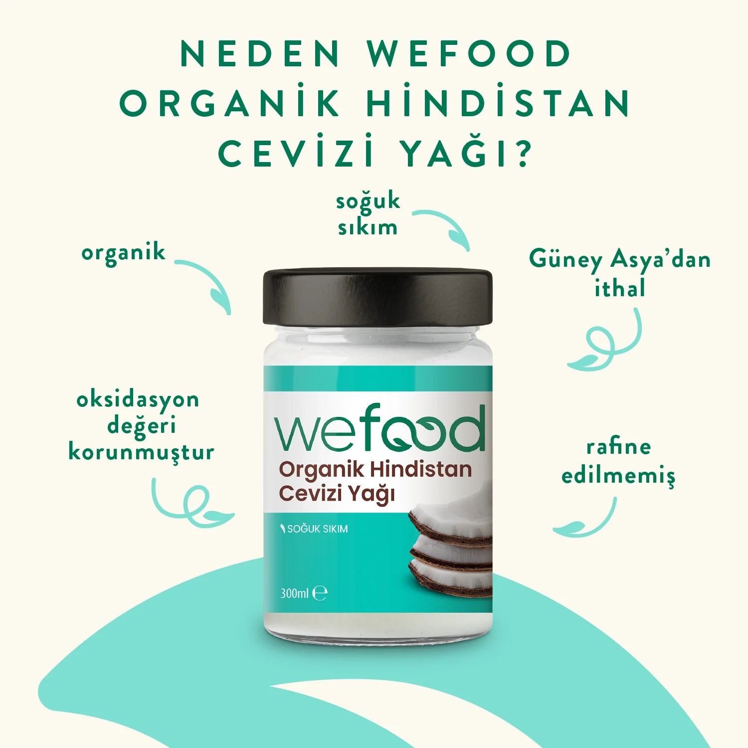            Wefood Organik Hindistan Cevizi Yağı 300 ml 2'li (Organik Sertifikalı, Soğuk Sıkım)