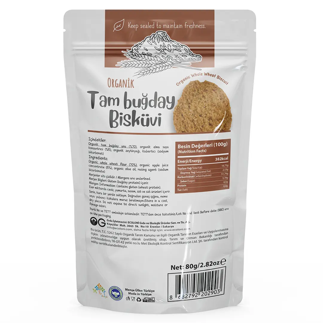 Sertifikalı Tam Buğday Organik Bisküvi 80 gr - Biokent