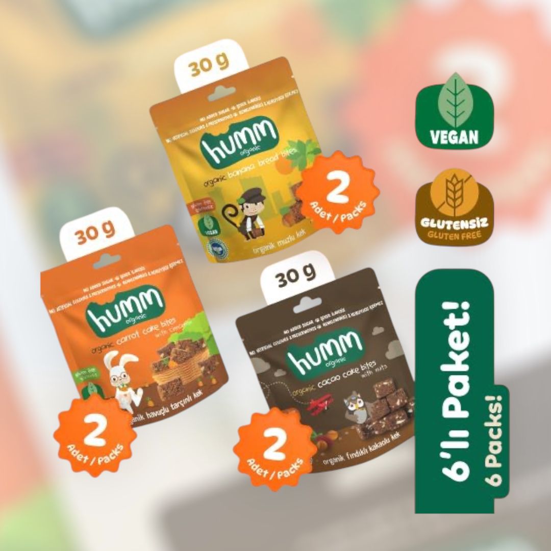 Humm Organik Glutensiz Vegan Kek Atıştırmalık Paketi - 6 adet (3 çeşit)
