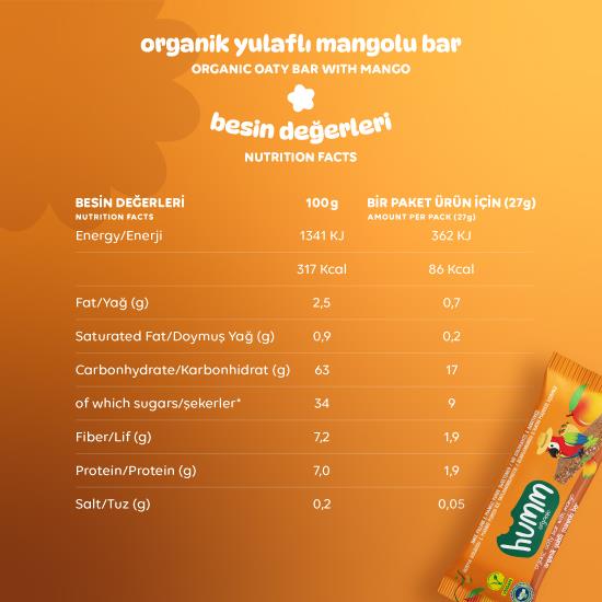 Humm Organik Vegan Mangolu Yulaf Bar - 27g