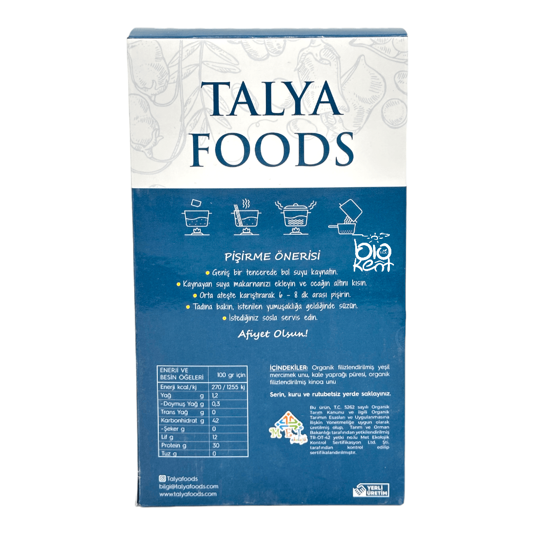 Talya Foods Glutensiz Filizlenmiş Yeşil Mercimek & Kinoa Kale Makarnası 200gr - Biokent Glutensiz