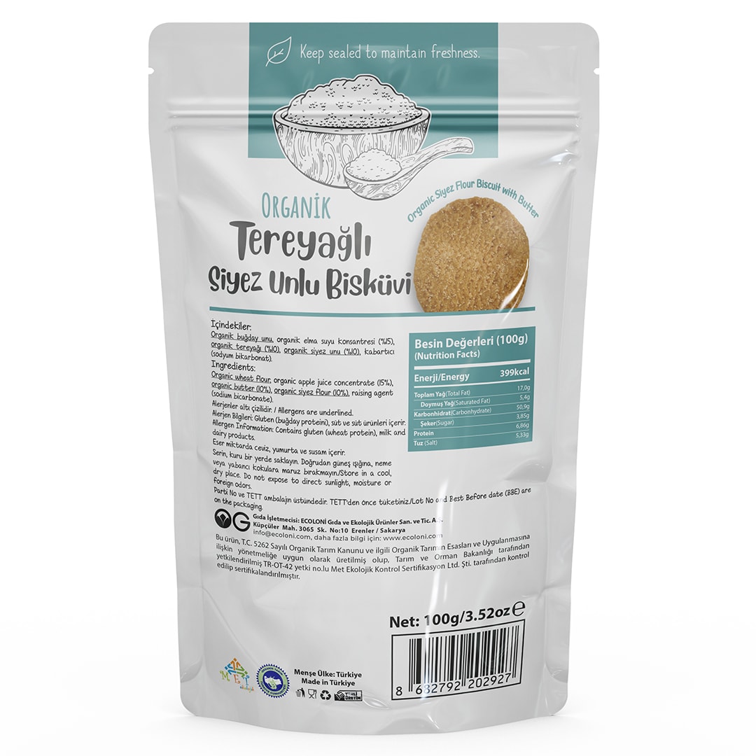 Organik Tereyağlı Siyez Unlu Bisküvi 100 Gr